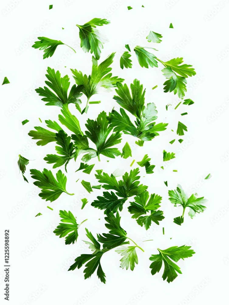 Fototapeta premium Fresh parsley leaves scattered and flying on white background, isolated herb pattern for cooking and food design projects, ready to use in layouts.