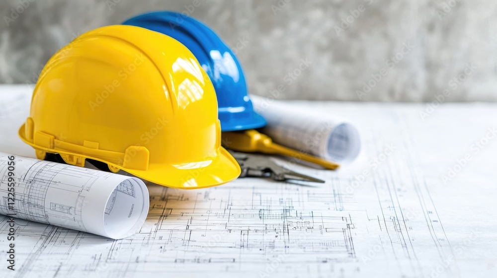 Construction plans, hard hats, and tools on a table Construction plans, hard hats, and tools on a table