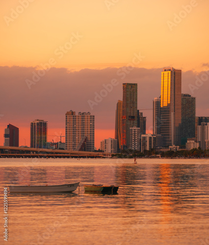 panorama miami  skyline at sunset beach 