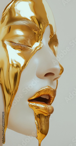 A face, made of l liquid gold metal with heart-shaped fluid drips, close-up, surreal, white background
