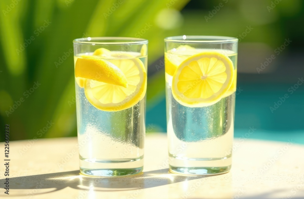 Two glasses of water with sliced lemon on sunlit background with shade. Summer refreshment concept. Two glasses of water with sliced lemon on sunlit background with shade. Summer refreshment concept.