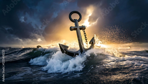 Dramatic image of a large anchor in stormy ocean waves during a sunset.  The anchor symbolizes strength, stability, and hope amidst challenging times.