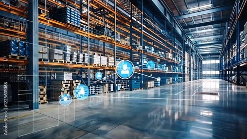 A modern warehouse filled with shelving units and packages, featuring digital overlays that represent smart logistics and inventory management systems.