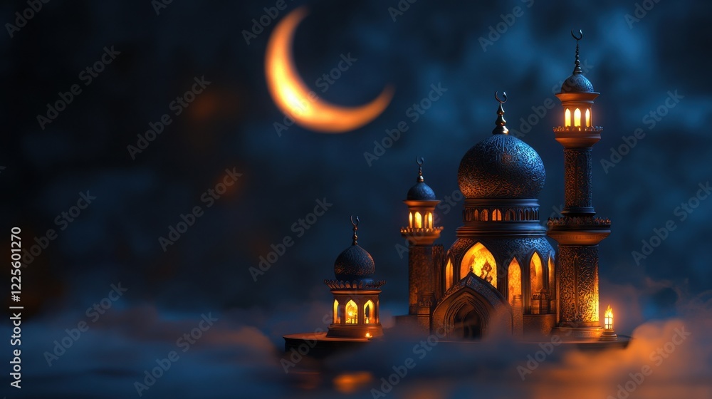 Obraz premium Nighttime Mosque Scene Crescent Moon Islamic Art