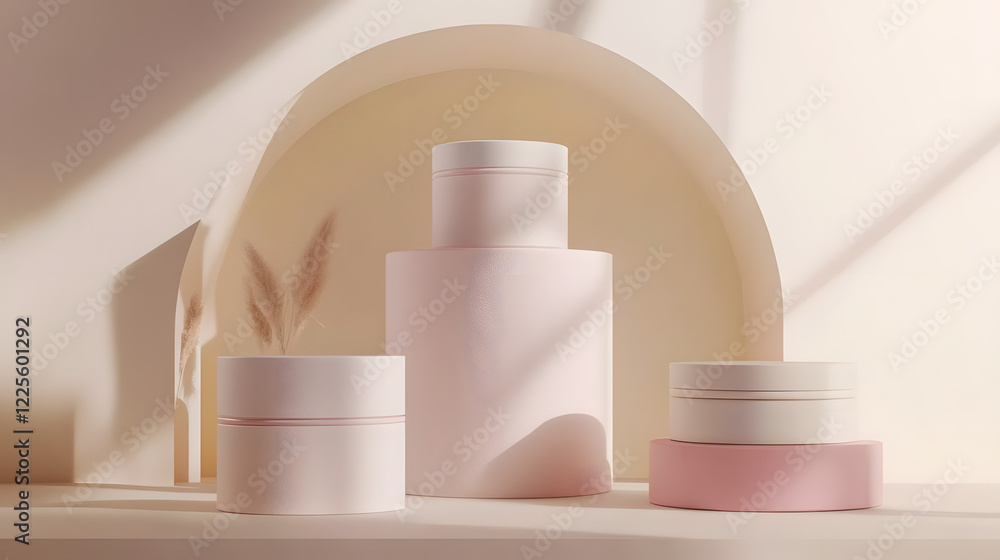 Abstract minimal scene with geometrical forms. Cylinder podiums in cream pink colors. Abstract background. Scene to show cosmetic podructs. Showcase, display case. 3d render. Abstract minimal scene with geometrical forms. Cylinder podiums in cream pink colors. Abstract background. Scene to show cosmetic podructs. Showcase, display case. 3d render.