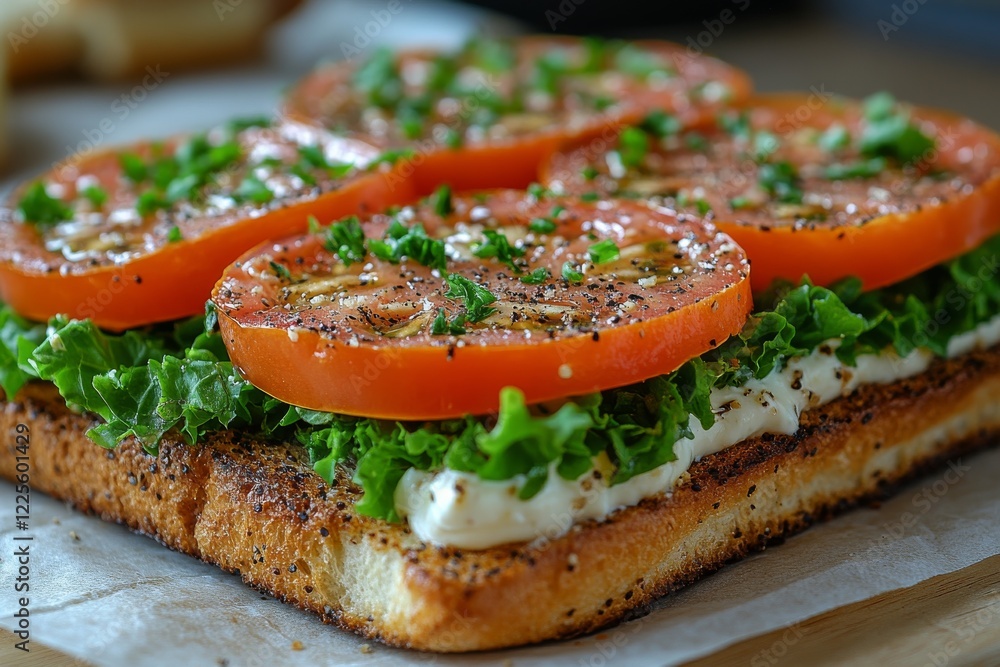 Delightful open sandwich topped with fresh tomatoes and crispy lettuce prepared on a wooden table during a sunny afternoon Delightful open sandwich topped with fresh tomatoes and crispy lettuce prepared on a wooden table during a sunny afternoon