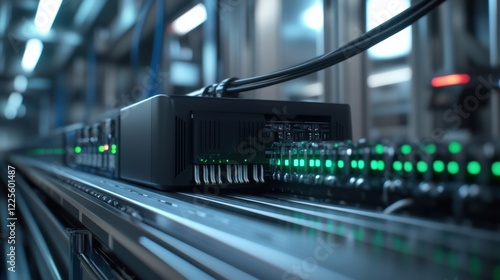 Wallpaper Mural An industrial edge computing unit ed with cables and sensors positioned next to a highspeed conveyor belt emphasizing the connection between machinery and data processing. Torontodigital.ca