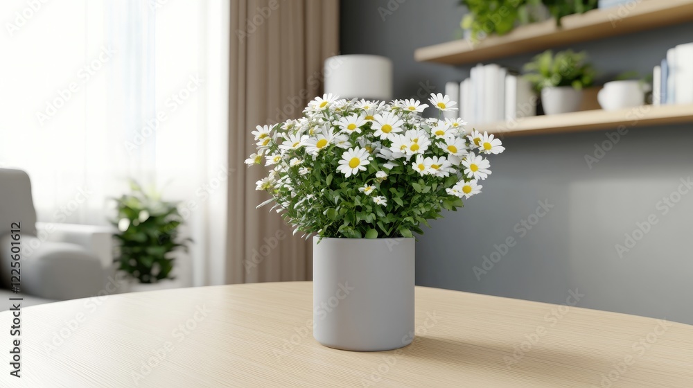 Fototapeta premium A collection of white daisies is neatly arranged in a white vase on a wooden table. The neutral wall provides a calm backdrop, enhancing the flower's natural beauty