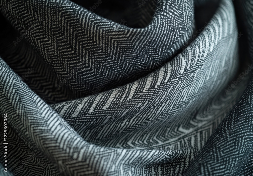Close-Up View of Textured Fabric with Herringbone Pattern in Monochrome Shades of Gray, Perfect for Fashion and Interior Design Applications Close-Up View of Textured Fabric with Herringbone Pattern in Monochrome Shades of Gray, Perfect for Fashion and Interior Design Applications