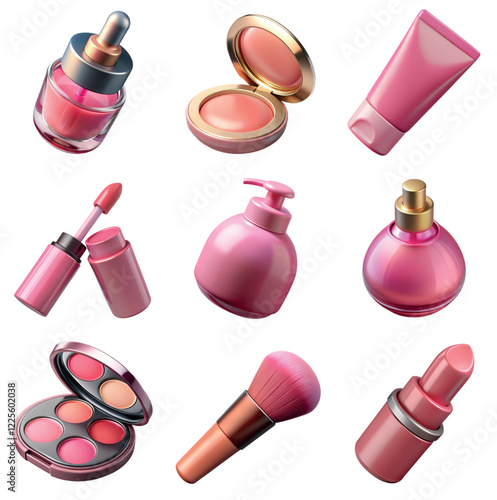 Collection of different makeup and cosmetics products including lipstick, serum, cream, perfume, eye shadow