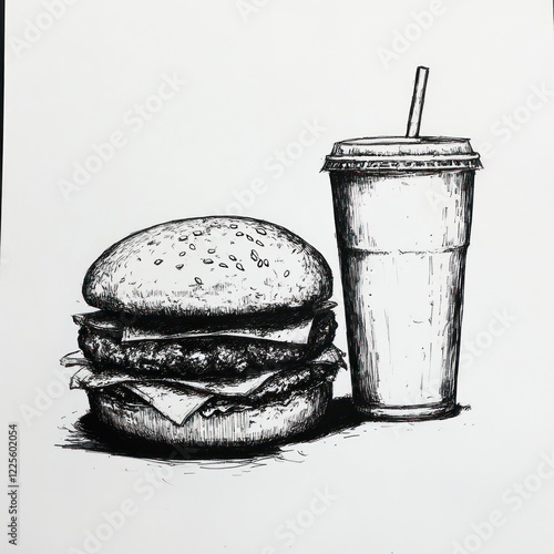 Hand-drawn burger and soda illustration photo