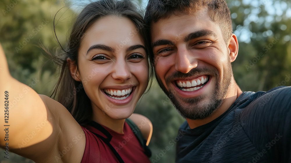 Happy hikers taking selfie, enjoying mountain scenery Happy hikers taking selfie, enjoying mountain scenery