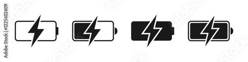 Charging icon. Battery charge vector set. Charging empty battery to full sign. Low power level recharge to full. Isolated battery set.