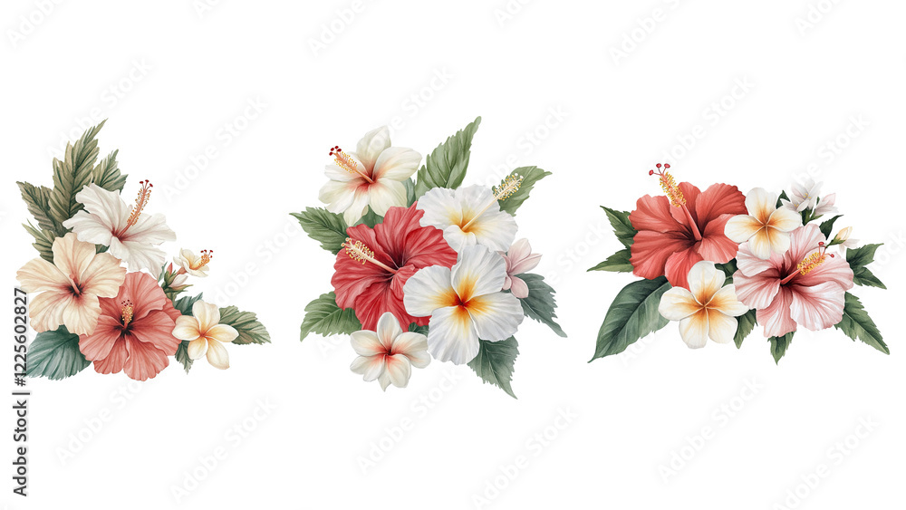 Beautiful floral arrangement featuring hibiscus and tropical flowers. Watercolor clip art, isolated on white/transparent background. Beautiful floral arrangement featuring hibiscus and tropical flowers. Watercolor clip art, isolated on white/transparent background.