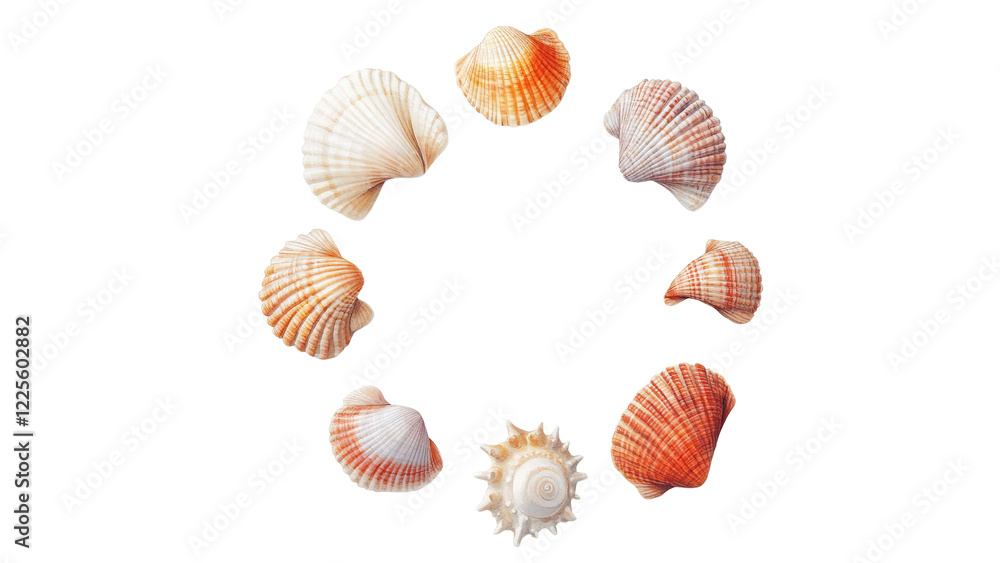 Seashells arranged in circular pattern, showcasing natural beauty. Watercolor clip art, isolated on white/transparent background. Seashells arranged in circular pattern, showcasing natural beauty. Watercolor clip art, isolated on white/transparent background.