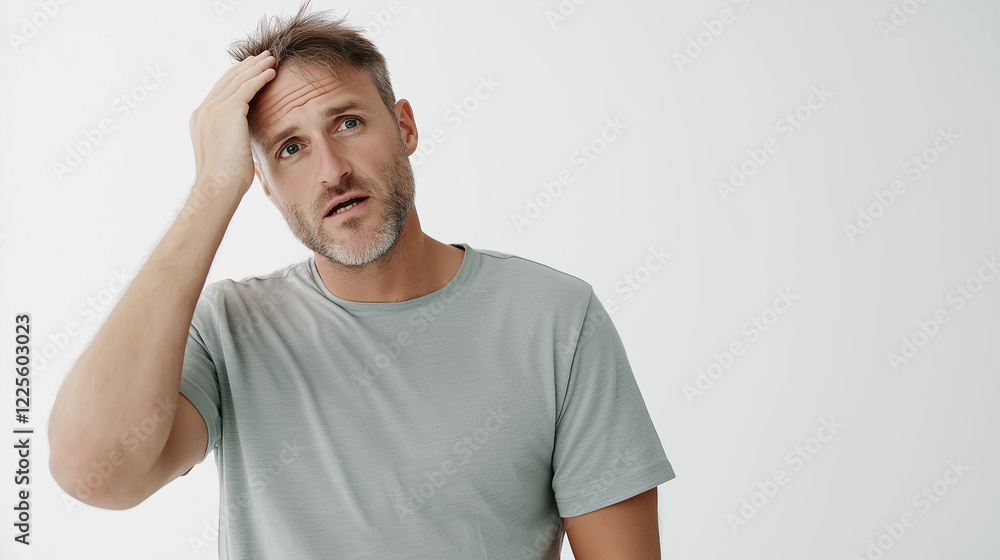 Puzzled man touching head having doubts and feeling confused Puzzled man touching head having doubts and feeling confused
