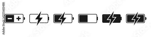 Charging icon. Battery charge vector set. Charging empty battery to full sign. Low power level recharge to full. Isolated battery set.