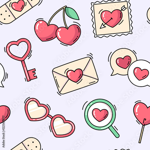 Heart shaped objects and elements seamless pattern, background. Cute simple love illustrations, set of hand drawn vector drawings