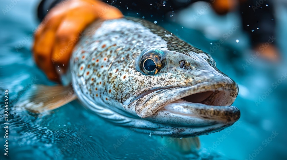 Angler showcases a freshly caught trout in vibrant blue waters Angler showcases a freshly caught trout in vibrant blue waters