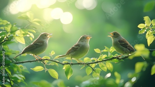 Birds perched on branches in a vibrant green forest, singing and flapping their wings, lively atmosphere  photo