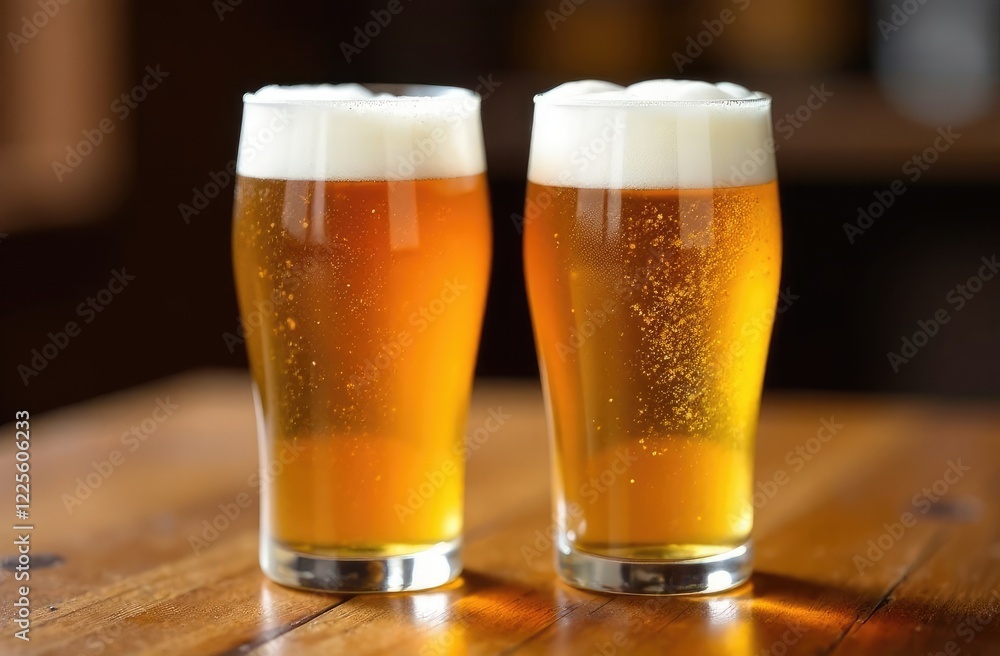 Two glass of beer with wheat on wooden table Two glass of beer with wheat on wooden table