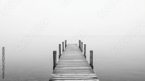Monochromatic view of a wooden dock extending into a foggy lake.