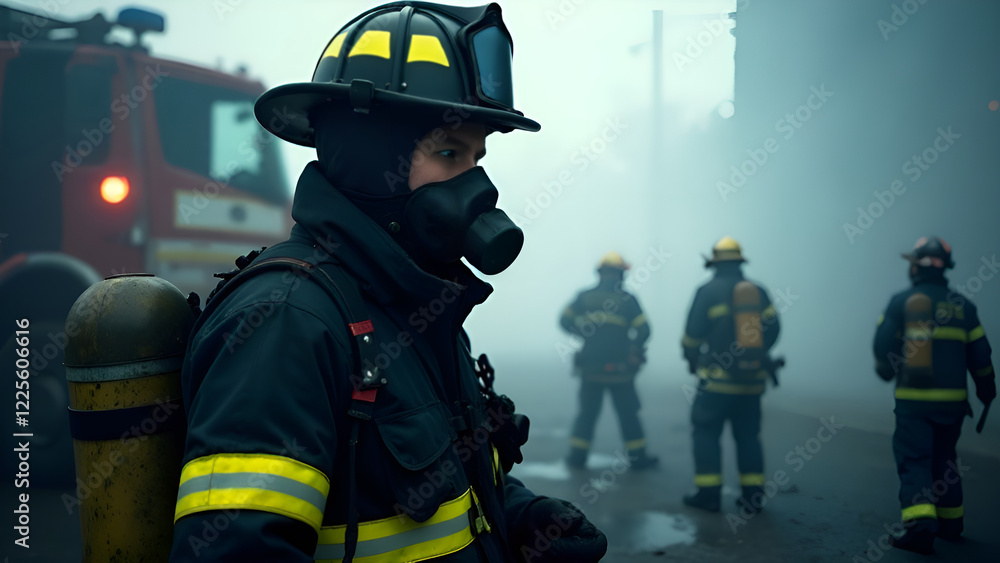 A firefighter dressed in protective gear with a gas mask is standing in front of a large, bright red fire truck in a thick fog