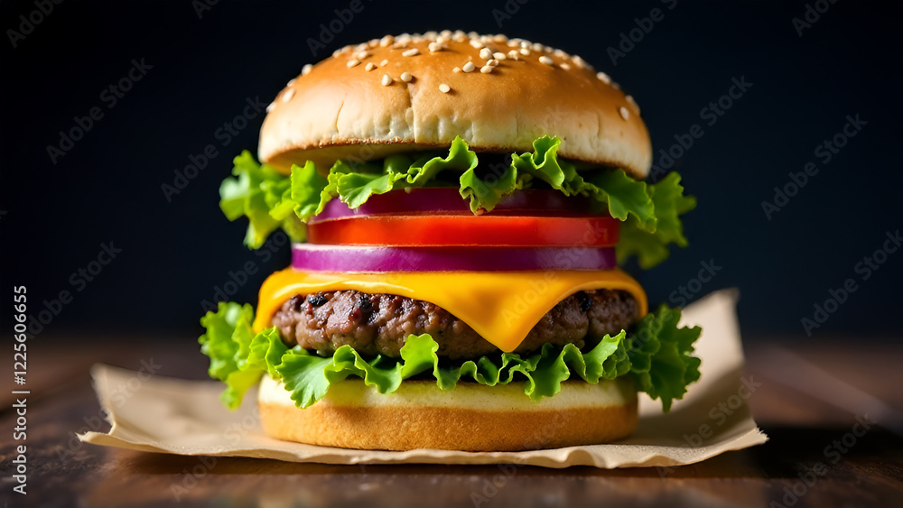 A delicious hamburger topped with crisp lettuce, juicy tomato slices, savory onions, and melted cheese, sitting on a rustic wooden table