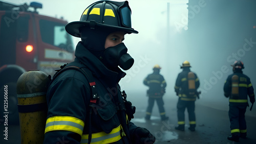 Obraz na płótnie A firefighter dressed in protective gear with a gas mask is standing in front of a large, bright red fire truck in a thick fog w salonie