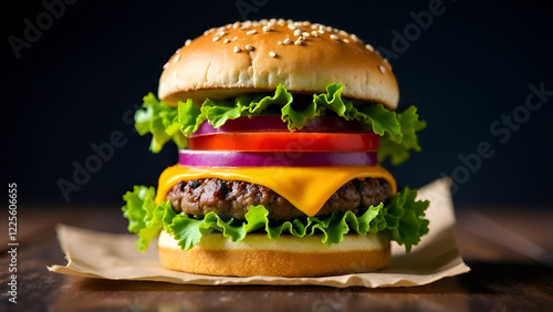Obraz na płótnie A delicious hamburger topped with crisp lettuce, juicy tomato slices, savory onions, and melted cheese, sitting on a rustic wooden table w salonie