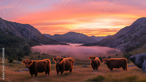 Wallpaper Mural Highland Cattle at Sunset in Mountain Valley Torontodigital.ca