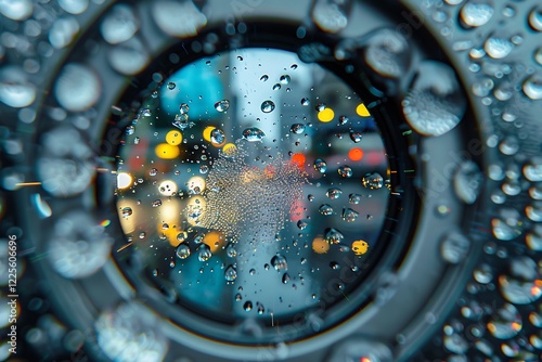 Closeup of a raincovered lens showing blurred city lights at night. Water droplets distort the bokeh effect, creating a dreamy, atmospheric image. photo