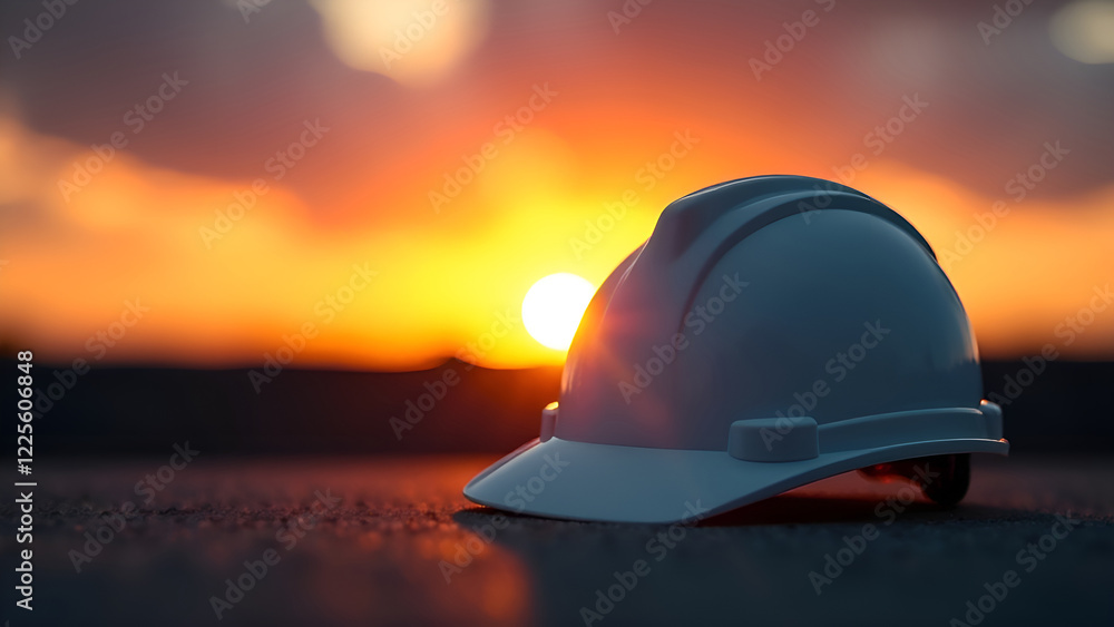 A white hard hat is resting on the ground in front of a stunning sunset, casting a warm glow and emphasizing its presence