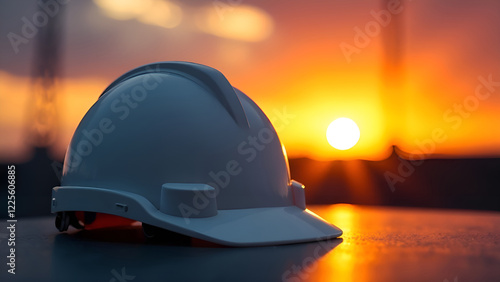 Obraz na płótnie A white hard hat is resting on the ground in front of a stunning sunset, casting a warm glow and emphasizing its presence w salonie