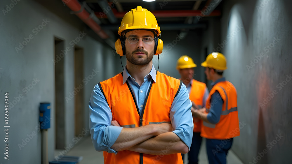 A man is standing in a welllit hallway wearing a hard hat and headphones, with his arms crossed firmly across his chest, looking intent