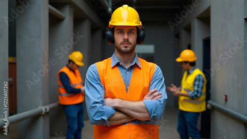 A man is standing in a welllit hallway wearing a hard hat and headphones, with his arms crossed firmly across his chest, looking intent
