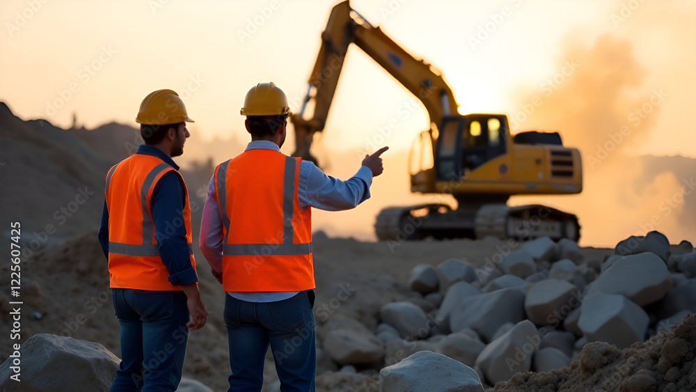 Two skilled construction workers are standing side by side in front of a large excavator at a busy construction site, preparing for their tasks ahead