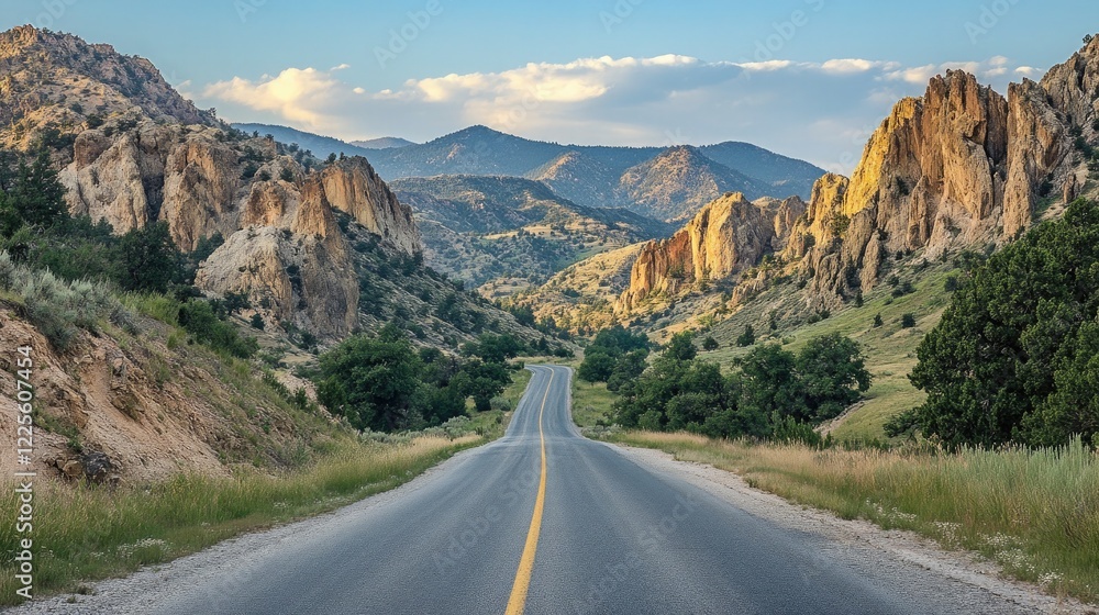 Fototapeta premium A rural road leading through a scenic valley, with rocky cliffs rising on both sides. 