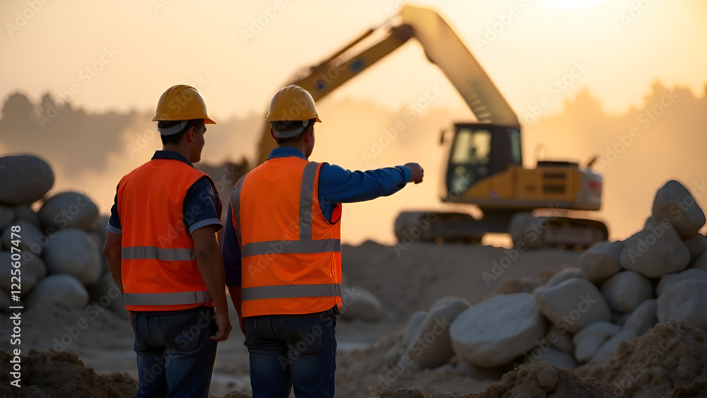 Two skilled construction workers are standing side by side in front of a large excavator at a busy construction site, preparing for their tasks ahead