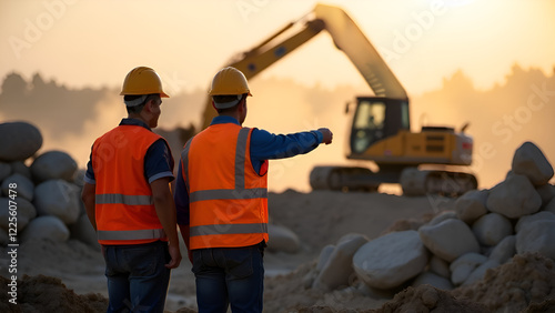 Obraz na płótnie Two skilled construction workers are standing side by side in front of a large excavator at a busy construction site, preparing for their tasks ahead w salonie