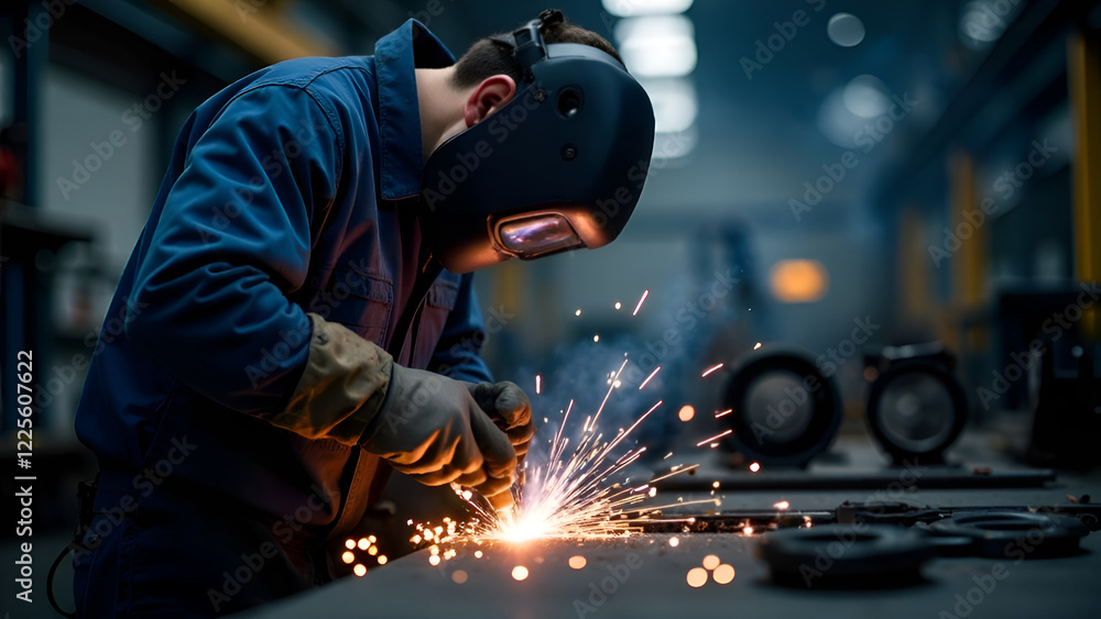 A man is skillfully welding a piece of metal in a factory as part of his job, showcasing his expertise in metalworking and safety