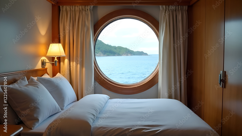 A serene bedroom featuring a cozy bed and a beautifully designed round window that offers a stunning view of the endless ocean