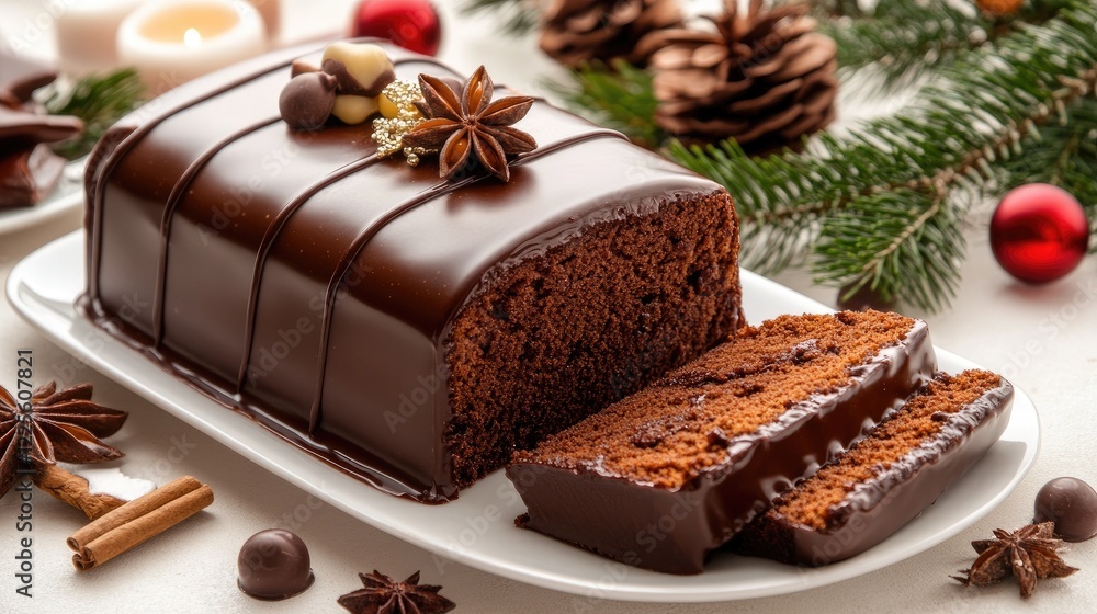 Delicious chocolate loaf cake is sliced and displayed on a white plate, garnished with chocolate chips. A warm cup of coffee and scattered spices enhance the inviting atmosphere. Delicious chocolate loaf cake is sliced and displayed on a white plate, garnished with chocolate chips. A warm cup of coffee and scattered spices enhance the inviting atmosphere.