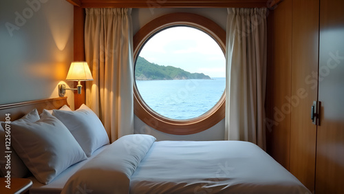 Obraz na płótnie A serene bedroom featuring a cozy bed and a beautifully designed round window that offers a stunning view of the endless ocean w salonie
