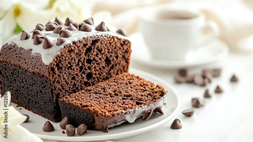 Delicious chocolate loaf cake is sliced and displayed on a white plate, garnished with chocolate chips. A warm cup of coffee and scattered spices enhance the inviting atmosphere Delicious chocolate loaf cake is sliced and displayed on a white plate, garnished with chocolate chips. A warm cup of coffee and scattered spices enhance the inviting atmosphere