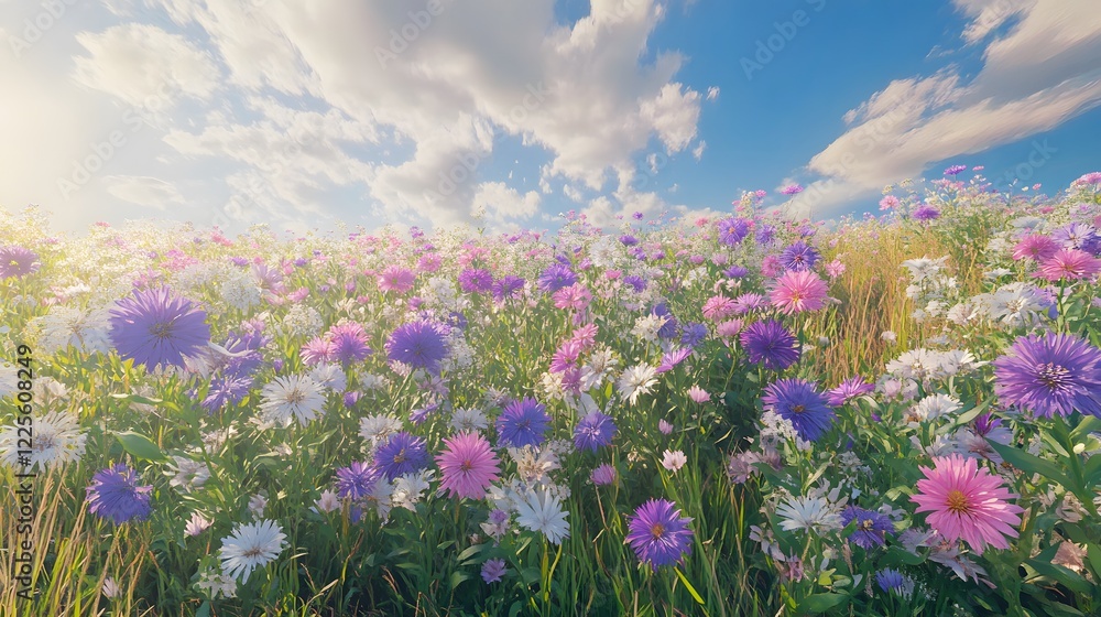 Obraz premium Vibrant Field of Wildflowers Under Bright Blue Sky with Clouds