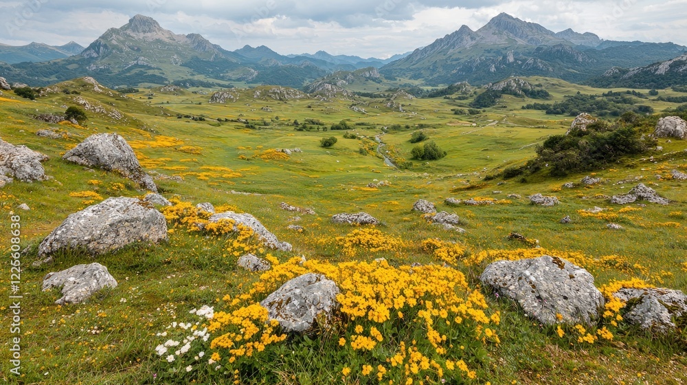 Naklejka premium Mountain meadow wildflowers scenic landscape view