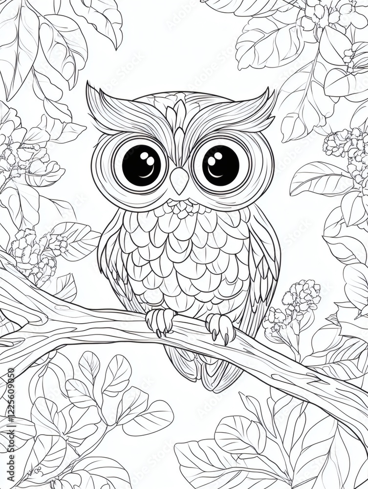 Obraz premium Cute owl sitting on a branch surrounded by intricate floral designs in a black and white coloring page