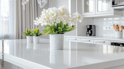 Wallpaper Mural A lush green plant sits in a white pot on a wooden table in a contemporary kitchen. Soft lighting enhances the tidy atmosphere with sleek cabinetry and appliances in the background Torontodigital.ca