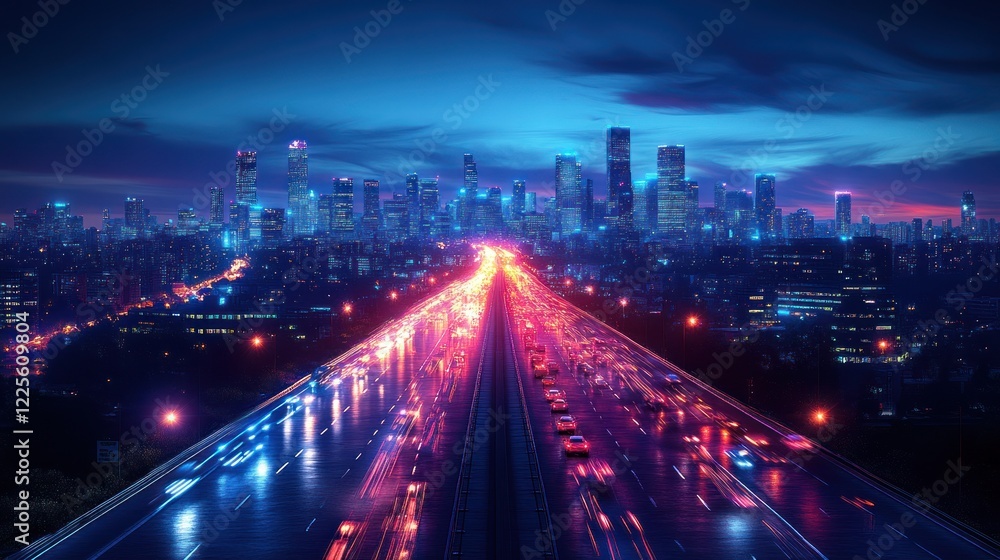 Night highway towards futuristic city Night highway towards futuristic city
